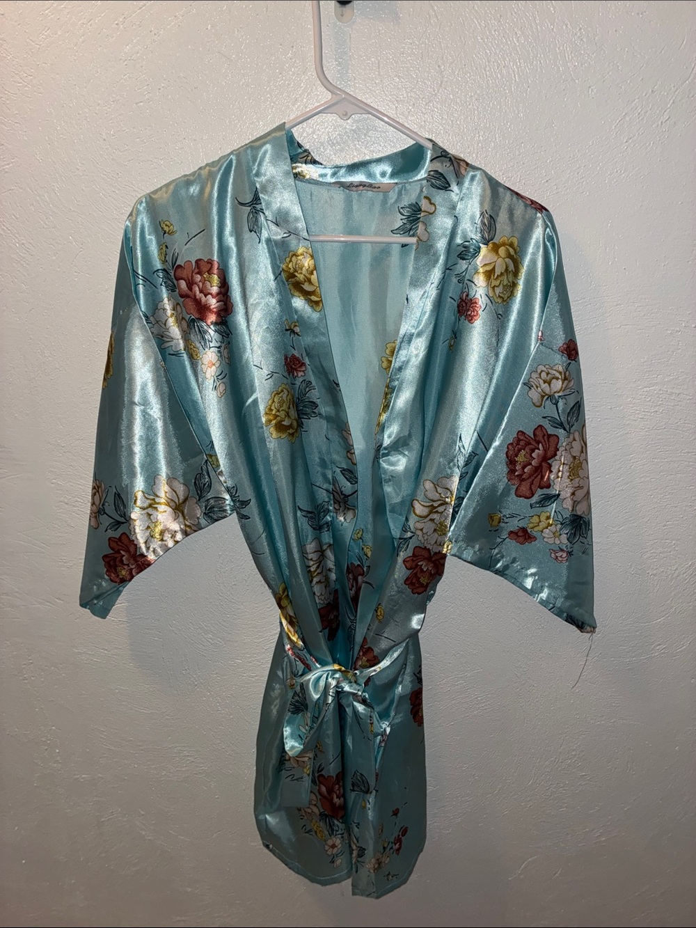 Silk-Feel Floral Satin Robe - Light Blue